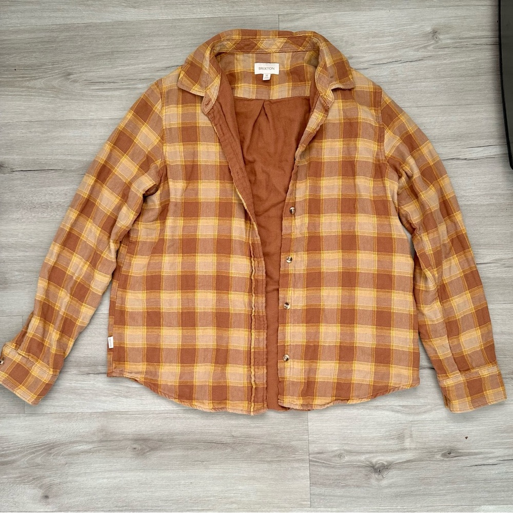 Briston Women’s medium yellow plaid flannel with orange inner lining.